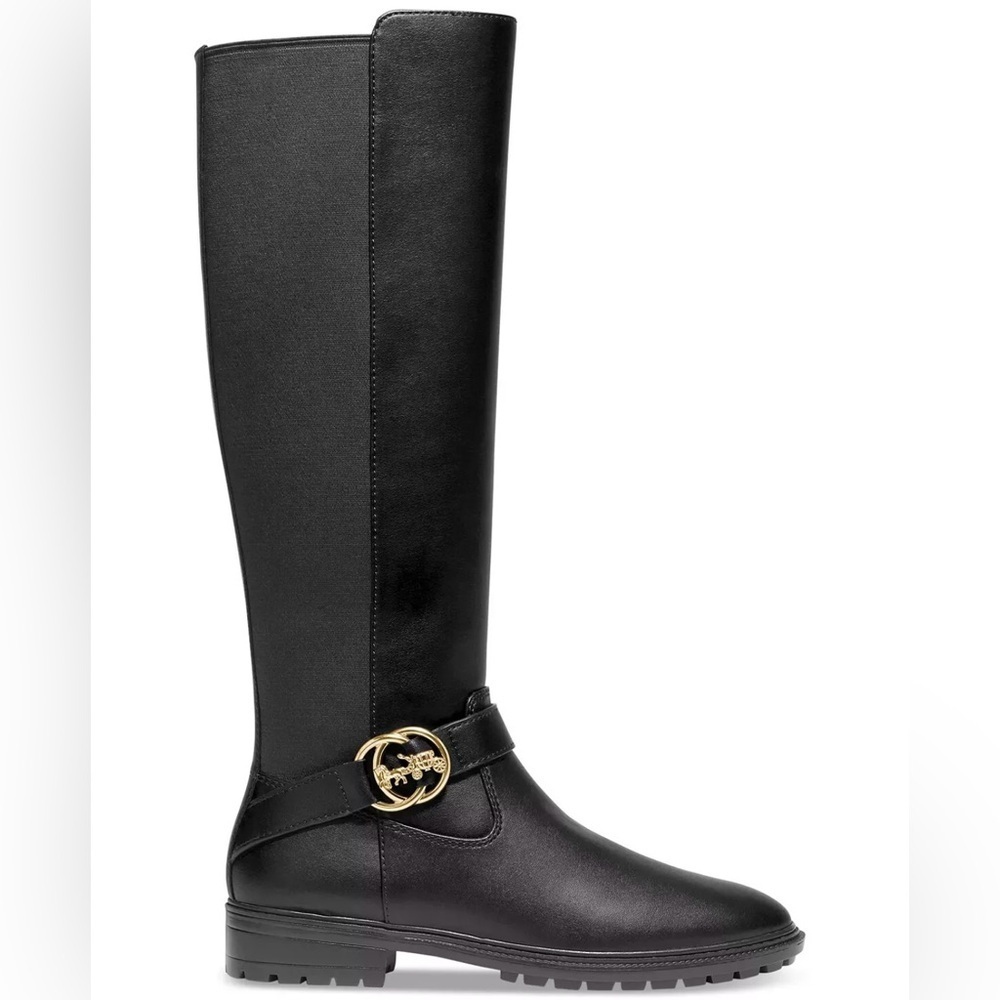 NWT COACH Farrah ll Leather Knee High Riding Boot Black Gold Buckle Size 6.5